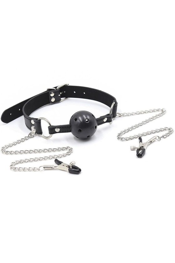 OHMAMA FETISH - BALL GAG WITH VENTS AND NIPPLE CLAMPS