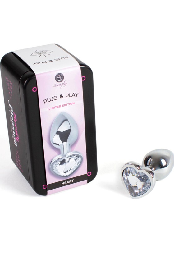 SECRETPLAY - PLUG ANAL DE METAL CORAZÓN DE CRISTAL CLARO TAMAÑO PEQUEÑO 7 CM