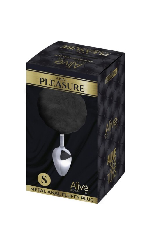 ALIVE - PLUG DE PRAZER ANAL LISO METAL FLUFFY PRETO TAMANHO S