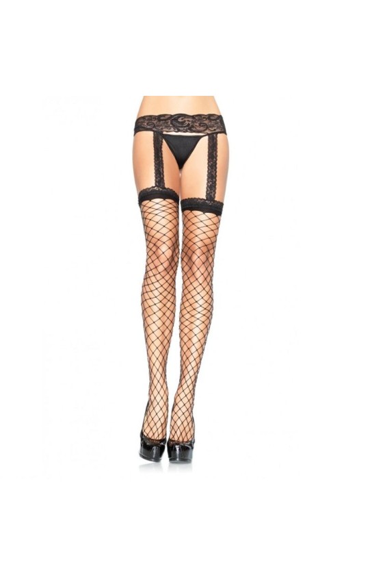 LEG AVENUE - FISHNET STOCKINGS WITH BLACK LACE GARTER GARTER