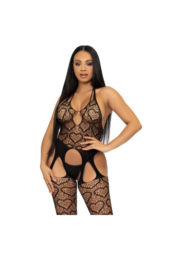 LEG AVENUE - BODYSTOCKING DE RED CON TIRANTES TALLA ÚNICA - NÉGRO