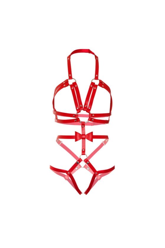 LEG AVENUE - KINK - STUDDED O-RING HARNESS TEDDY SIZE S - RED