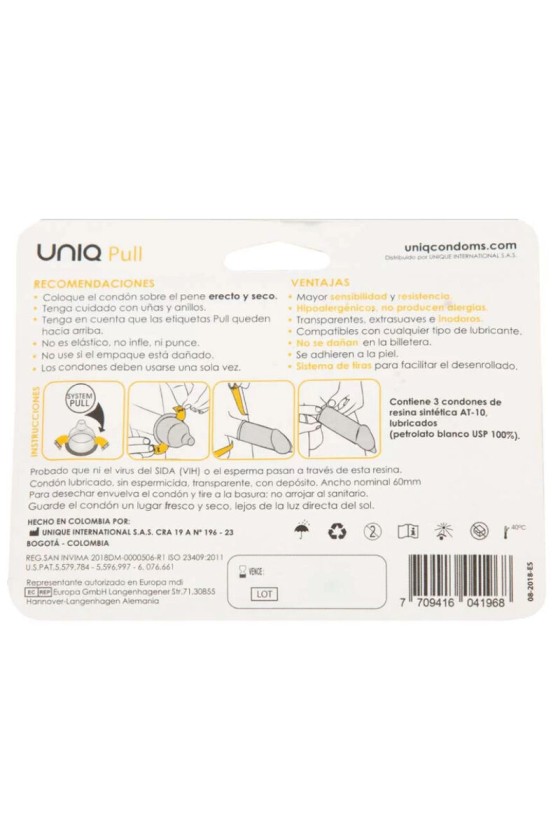 UNIQ - CONDONES PULL SIN LATEX CON TIRAS 3 UNIDADES