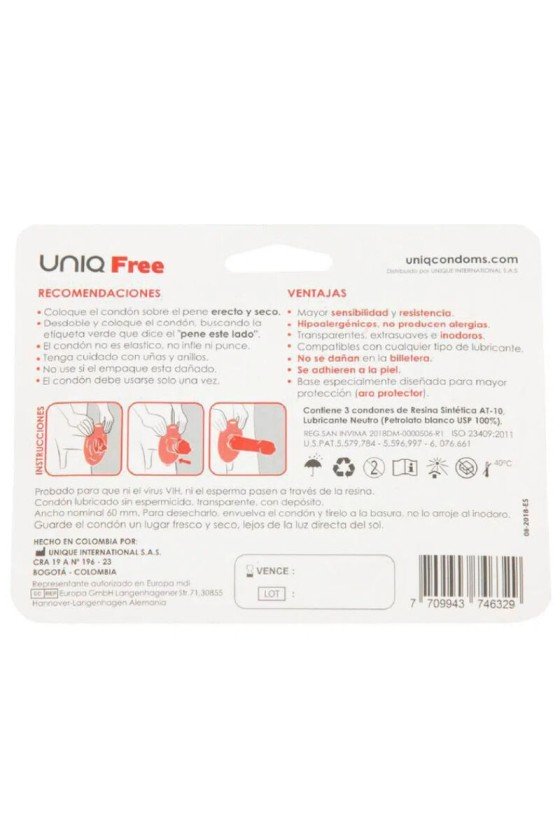 UNIQ - FREE PRESERVATIVOS SIN LÁTEX CON ANILLO PROTECTOR 3 UNIDADES