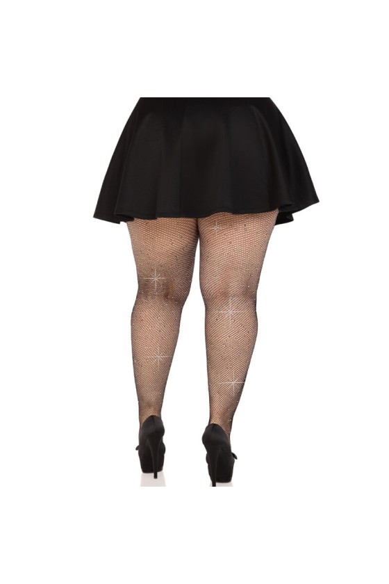 LEG AVENUE - CRYSTALIZED MESH STOCKINGS BLACK PLUS SIZE