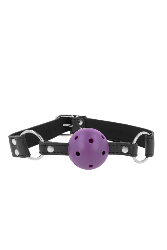 KINK - ATMUNGSAKTIVER BALL 4 CM KNEBEL MIT DOPPELNIET LILA 62,5 x 2,5 CM VERSTELLBAR 42-58 CM