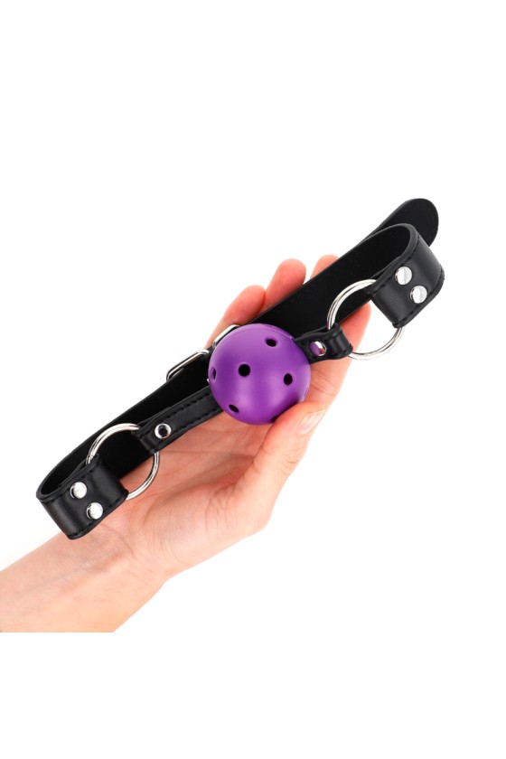 KINK - BOLA RESPIRÁVEL 4 CM MORDAÇA COM REBITE DUPLO ROXO 62,5 x 2,5 CM AJUSTÁVEL 42-58 CM