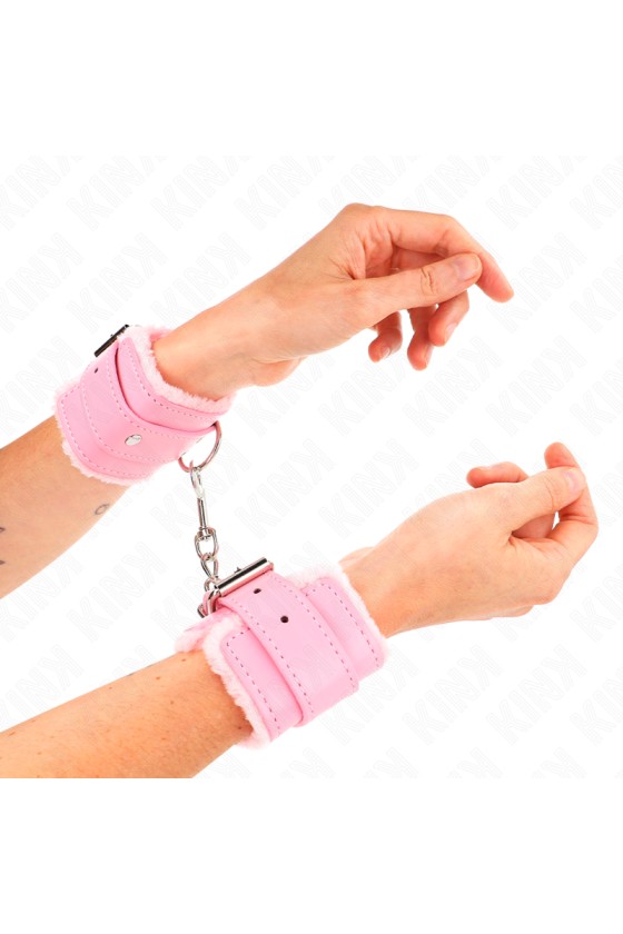 KINK - FUR LINED WRIST RESTRAINTS PINK WITH PINK BELT ADJUSTABLE 17-29 CM X 6 CM