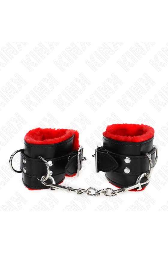 KINK - APPUI-POIGNETS DOUBLÉS DE FOURRURE AVEC TROUS CARRÉS CEINTURE ROUGE ET NOIRE RÉGLABLE 17-29 CM X 6 CM