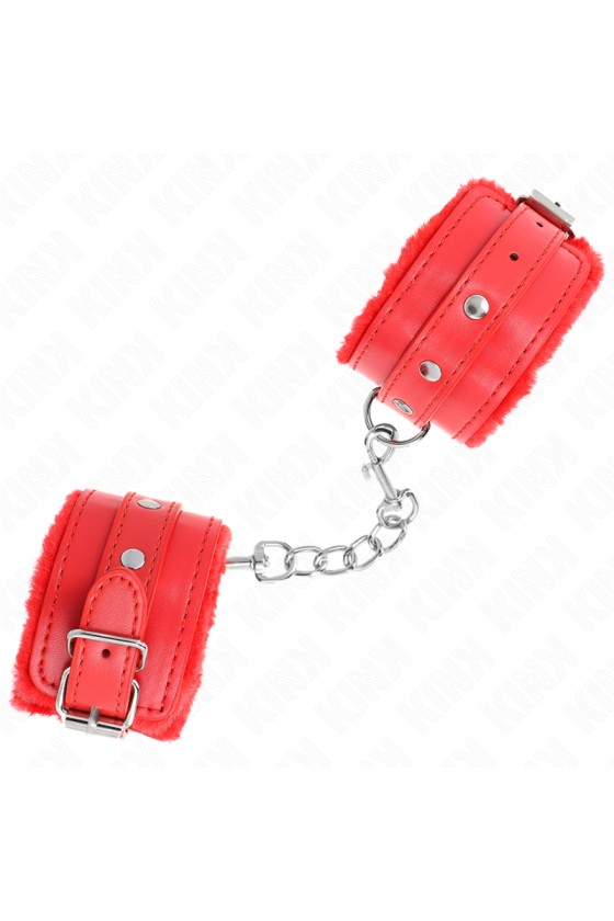 KINK - PREMIUM PELZGEFÜTTERTE HANDGELENKFESSELN ROT MIT ROTEM GÜRTEL VERSTELLBAR 17-29 CM X 6 CM