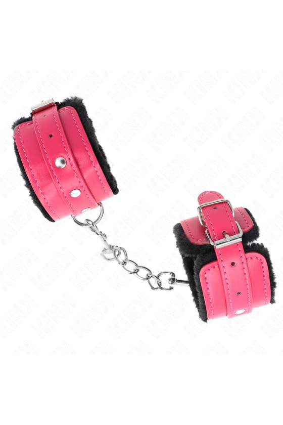 KINK - APPUI-POIGNETS DOUBLÉS DE FOURRURE PREMIUM NOIR AVEC CEINTURE ROSE FRAMBOISE AJUSTABLE 17-29 CM X 6 CM