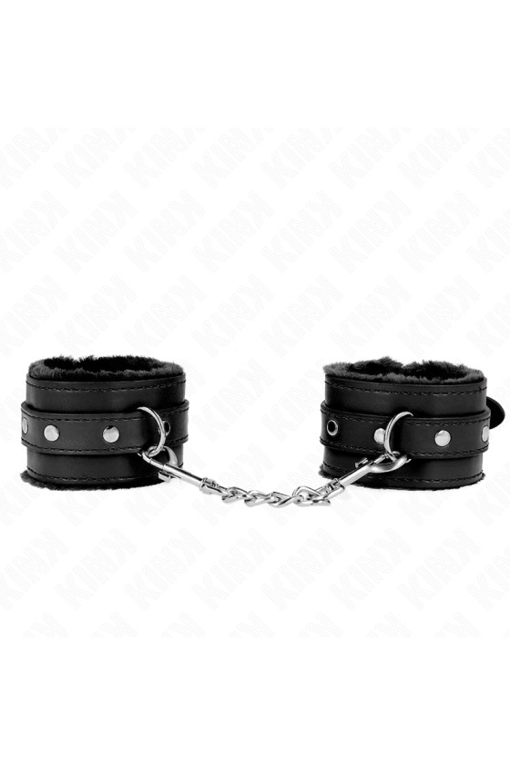 KINK - APPUI-POIGNETS DOUBLÉS DE FOURRURE PREMIUM NOIR AVEC CEINTURE NOIRE RÉGLABLE 17-29 CM X 6 CM