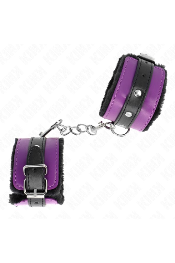 KINK - PREMIUM FUR LINED WRIST RESTRAINTS BLACK WITH PURPLE / BLACK BELT ADJUSTABLE 17-29 CM X 6 CM