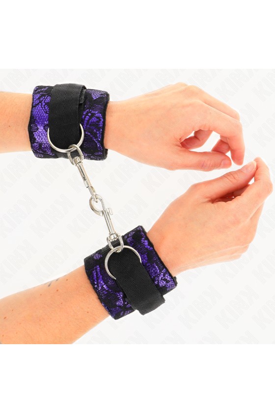 KINK - SHORT VELVET LACE WRIST RESTRAINTS AND NYLON BIND PURPLE / BLACK 23 X 6.5 CM