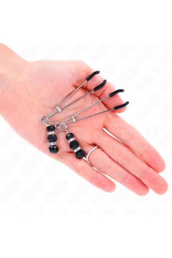 KINK - GOLD THIN NIPPLE CLAMPS WITH 3 BLACK GLASS BEADS 7 CM