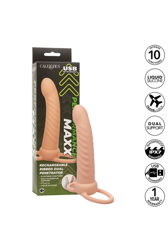 CALEXOTICS - MAXX DOUBLE PÉNÉTRATEUR NERVURÉ 10 VIBRATIONS FLESH