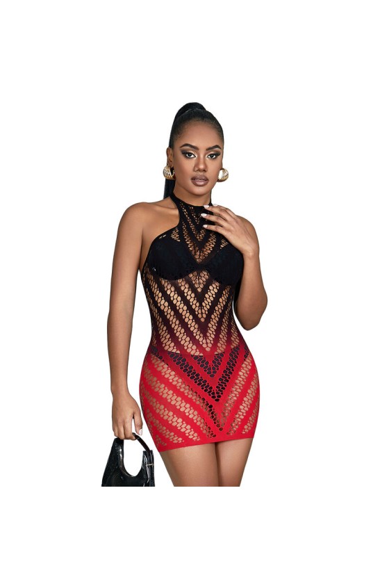 SUBBLIME - 952242 RED AND BLACK DEGRADED ELASTIC FISHNET BODYSTOCKING ONE SIZE