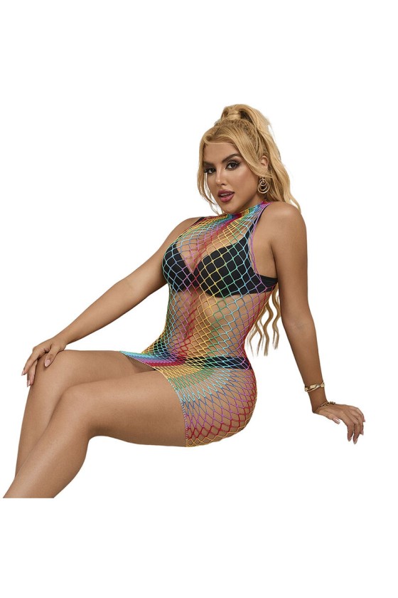 SUBBLIME - 952433 RAINBOW HIGH NECK SLEEVELESS FISHNET BODYSTOCKING ONE SIZE