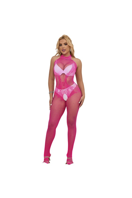 SUBBLIME - 952389 FISHNET AND LACE CROTCHLESS BODYSTOCKING WITH HIGH NECK PINK ONE SIZE