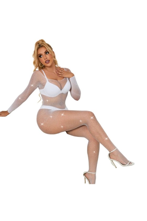 SUBBLIME - 952396 BODYSTOCKING A RETE CON STRASS MANICA LUNGA BIANCO TAGLIA UNICA