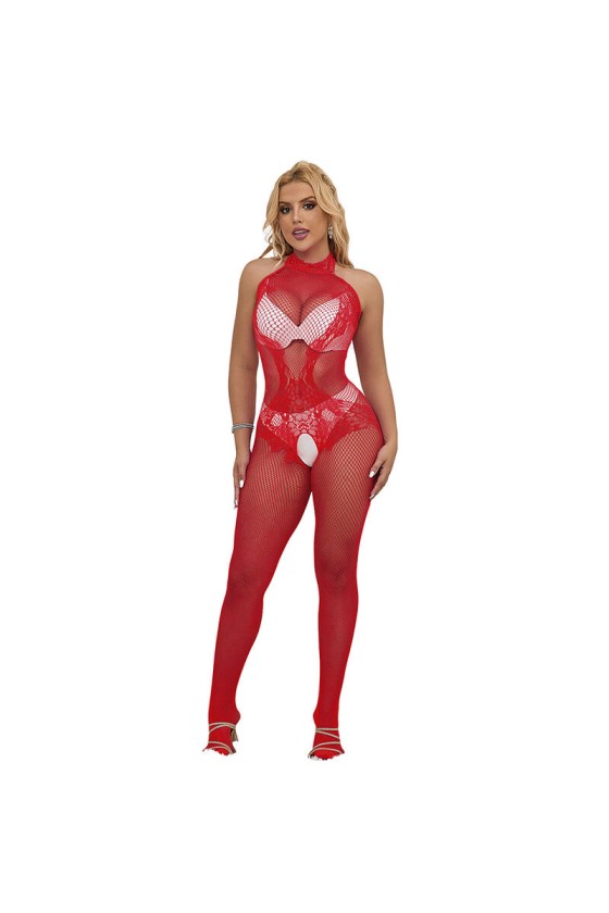 SUBBLIME - 952372 FISHNET AND LACE CROTCHLESS BODYSTOCKING WITH HIGH NECK RED ONE SIZE