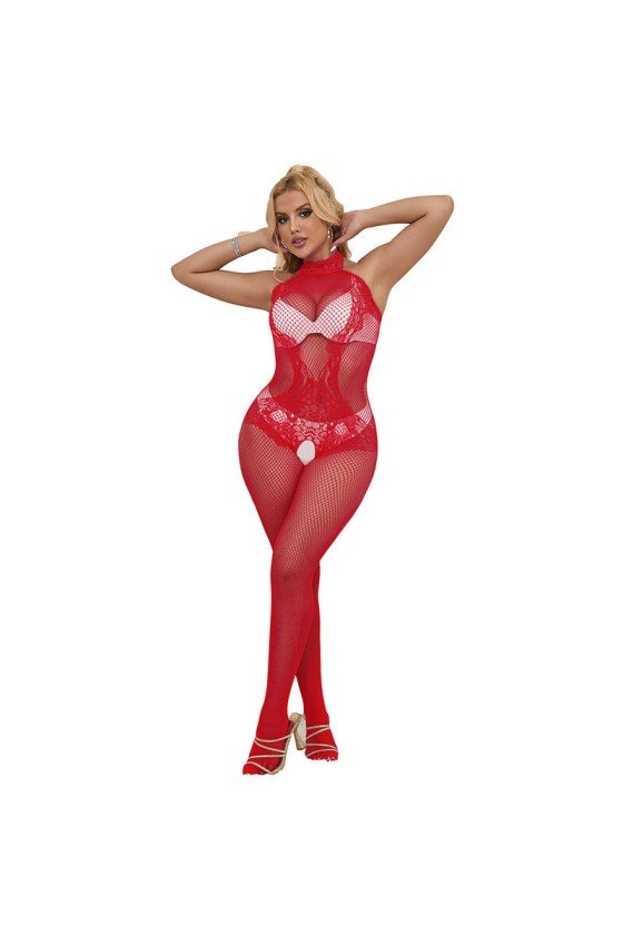 SUBBLIME - 952372 BODYSTOCKING A RETE E PIZZO SENZA CAVALLO CON COLLO ALTO ROSSO TAGLIA UNICA