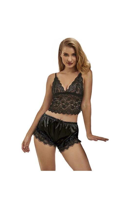 SUBBLIME - 953942 CHEMISE DE NUIT DÉCONTRACTÉE EN SOIE + PANTALON EN DENTELLE NOIR L/XL