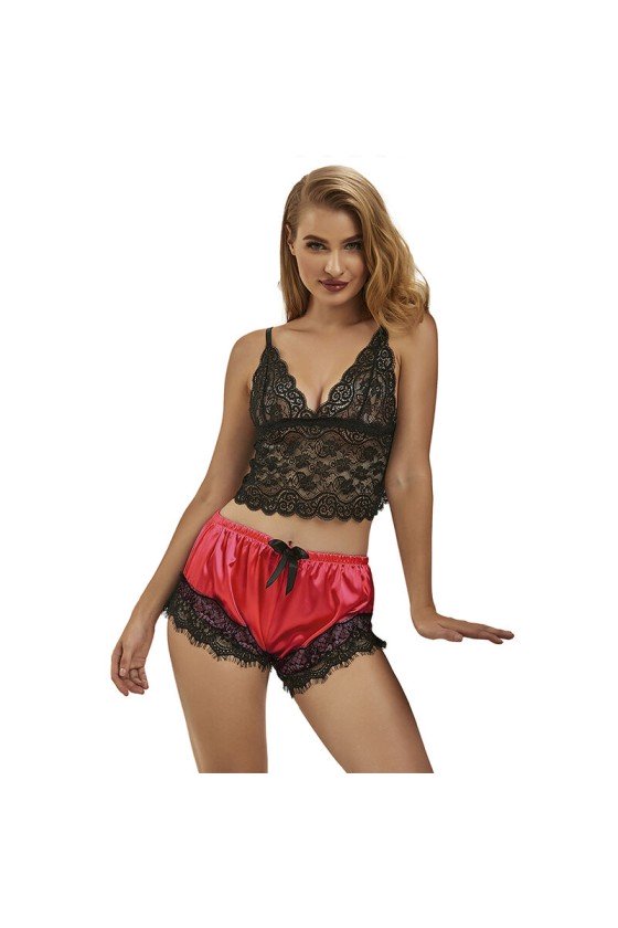 SUBBLIME - 953959 LÄSSIGE SEIDENNACHTHEMD + SPITZENHOSE SCHWARZ/ROT S/M