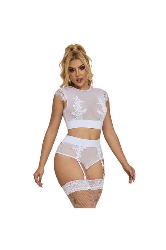 SUBBLIME - 954031 BRA + PANTIES WITH GARTER BELT WHITE S/M