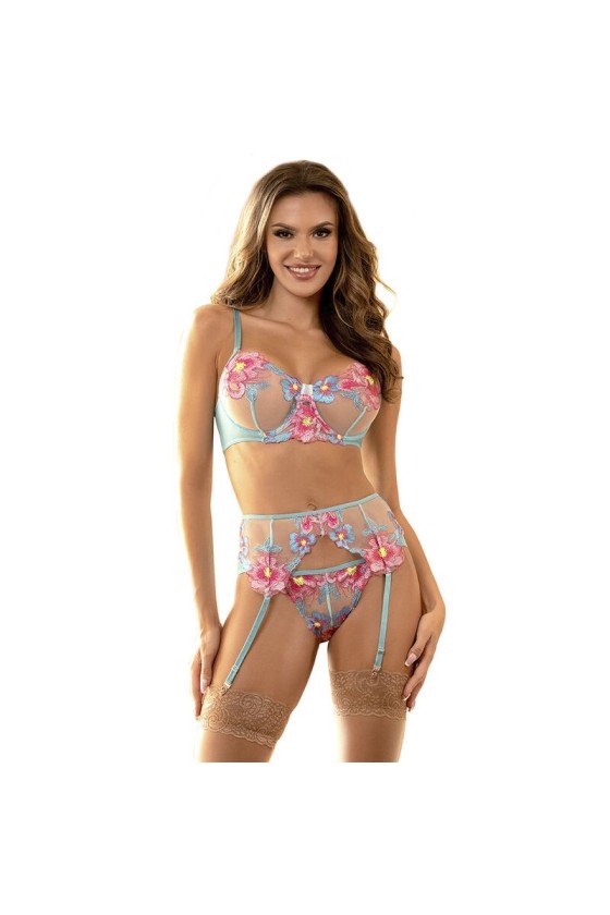 SUBBLIME - 954116 SOUTIEN-GORGE + CULOTTE AVEC PORTE-JARRETELLES MOTIF FLORAL BLEU L/XL