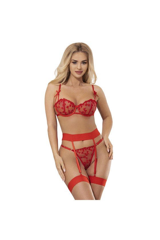 SUBBLIME - 954338 SOUTIEN-GORGE + STRING + PORTE-JARRETELLES IMPRIMÉ COEUR ROUGE L/XL