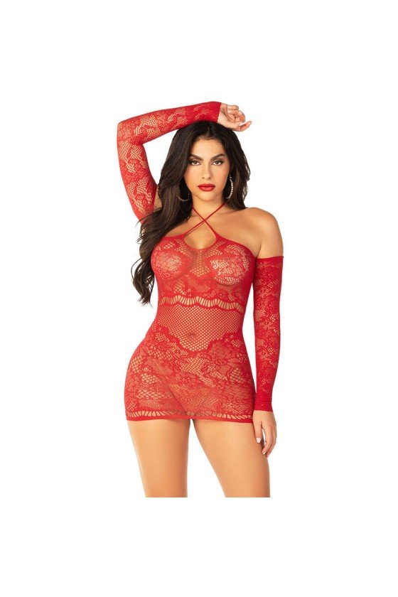 LEG AVENUE - OFF-SHOULDER LONG-SLEEVED MESH MINI DRESS RED