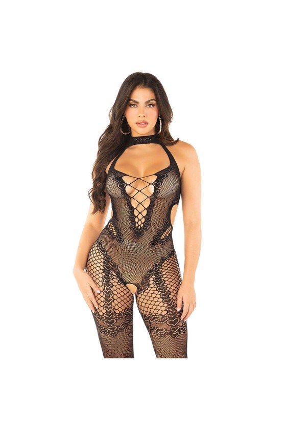 LEG AVENUE - BODYSTOCKING A MAGLIA CON STAMPA A FIORI NERO TAGLIA UNICA