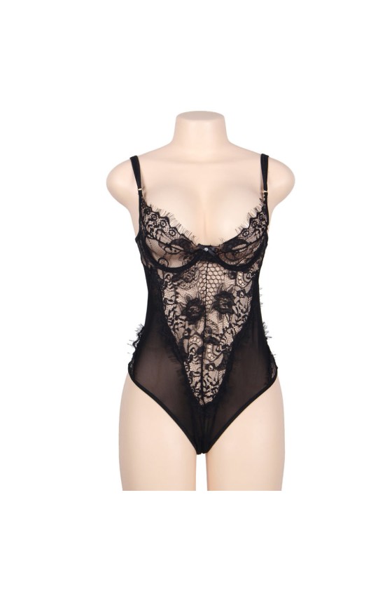 SUBBLIME - QUEEN PLUS DENTELLE FLORALE ET TEDDY NOIR  FRANGES